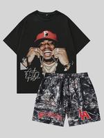 Two-piece Set Men's Regular Fit Figure & Letter Print Tee & Pocket Shorts Set, Drop Shoulder Short Sleeve T-shirt & Track Sho...