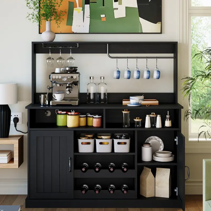 Garvee Farmhouse Coffee Bar Cabinet 47 with Charging Station & Wine Racks, Engineered Wood, Slim Profile & Sturdy Design, Bl...