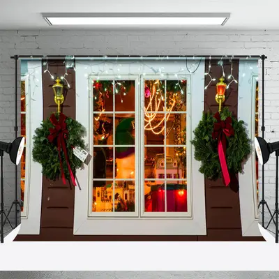 Light Green Wreath White Window Christmas Backdrop - Aperturee