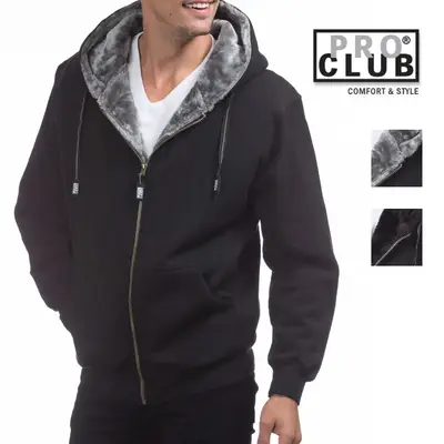 PROCLUB Men's Heavyweight Hooded Pile Jacket PRO CLUB Classic Soft Fur-Insulated Jacket Casual Fur Hoodie Full Zip Jackets Hi...