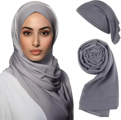 Hijab Scarves and Undercap Set Chiffon Muslim Head Scarf for Women Islamic Solid Long Shawl Inner Hijab Cap Comfortable Cotto...