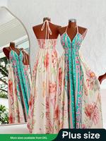 【Plus Size】 Floral Print Cami Dress, 1 Count Boho Sleeveless Spaghetti Strap Dress for Beach Holiday Vacation, Women's Cl...