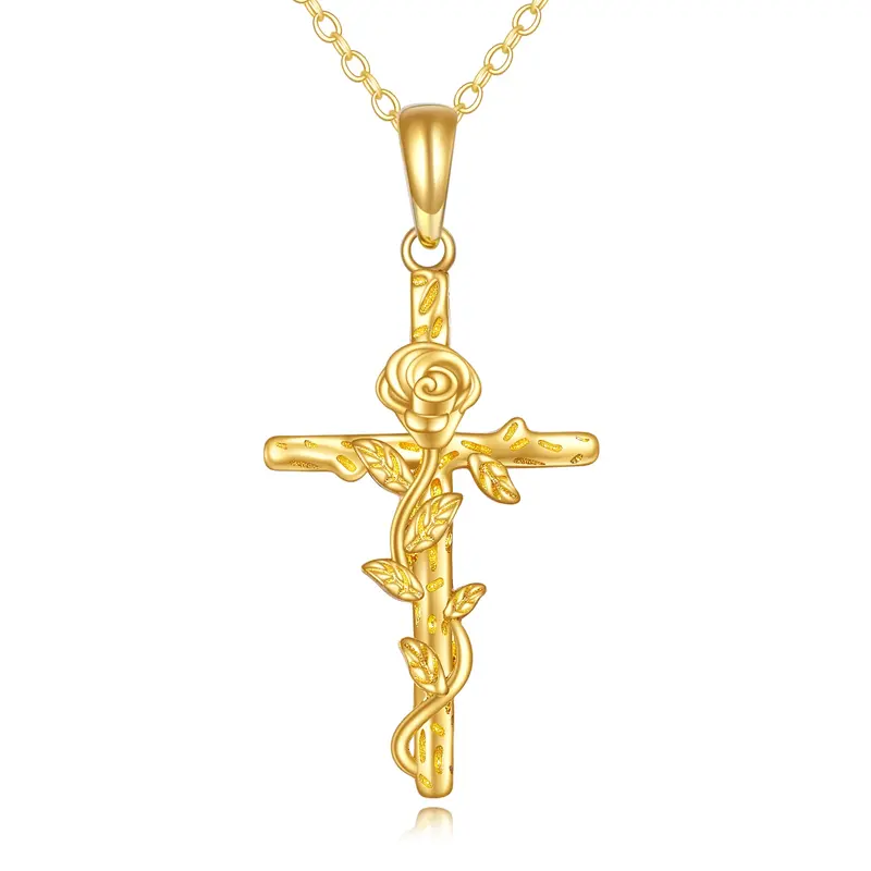 14K Gold Rose and Cross Pendant Necklace