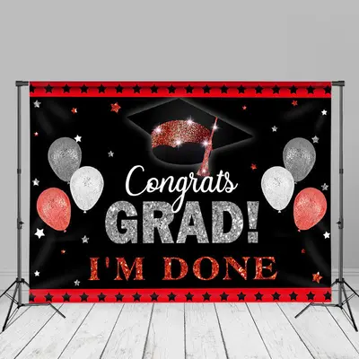 Red Silver Balloons Black Grad Backdrop For Photo - Aperturee