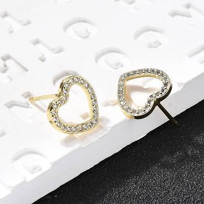 Heart Brass Micro Pave Cubic Zirconia Ear Studs