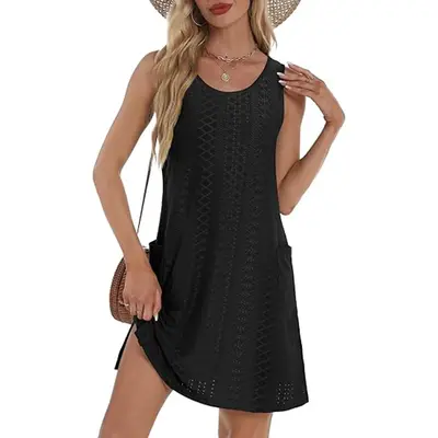 Coverup Summer Dresses for Women 2025 Eyelet Casual Loose Sleeveless Sundresses Tank Dresses with Pockets