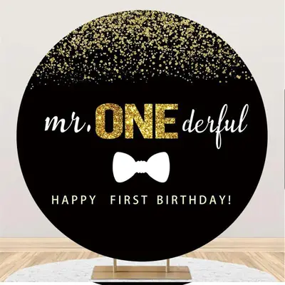 Aperturee Gold Glitter Round Black 1st Happy Birthday Backdrop