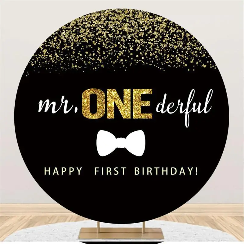 Aperturee Gold Glitter Round Black 1st Happy Birthday Backdrop
