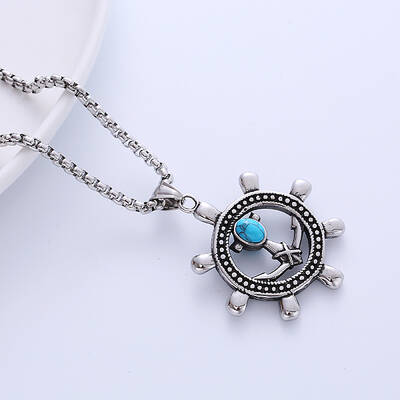 Stylish Stainless Steel Synthetic Turquoise Ship Wheel Pendant Punk Necklaces for Men's Fashion