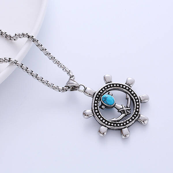 Stylish Stainless Steel Synthetic Turquoise Ship Wheel Pendant Punk Necklaces for Men's Fashion
