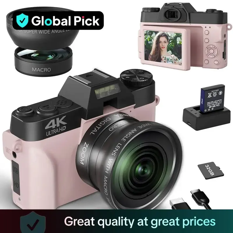 Global Pick 4K Digital Camera, 56MP Camera for Photography with Autofocus & 180° Flip Screen, Wide Angle & Macro Lens, USB R...