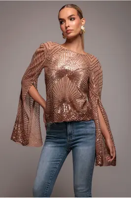 Goddiva Sequin Starburst Cape Sleeve Top - Champagne