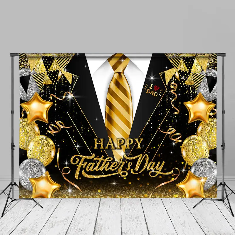 Love Dad Gold Tie Black Suit Glitter Fathers Day Backdrop - Aperturee