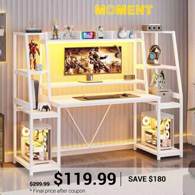 SEDETA ® 65.7 Inch LED Ergonomic Gaming Desk Computer Table Workstation with Storage Shelves White Home Office Furniture