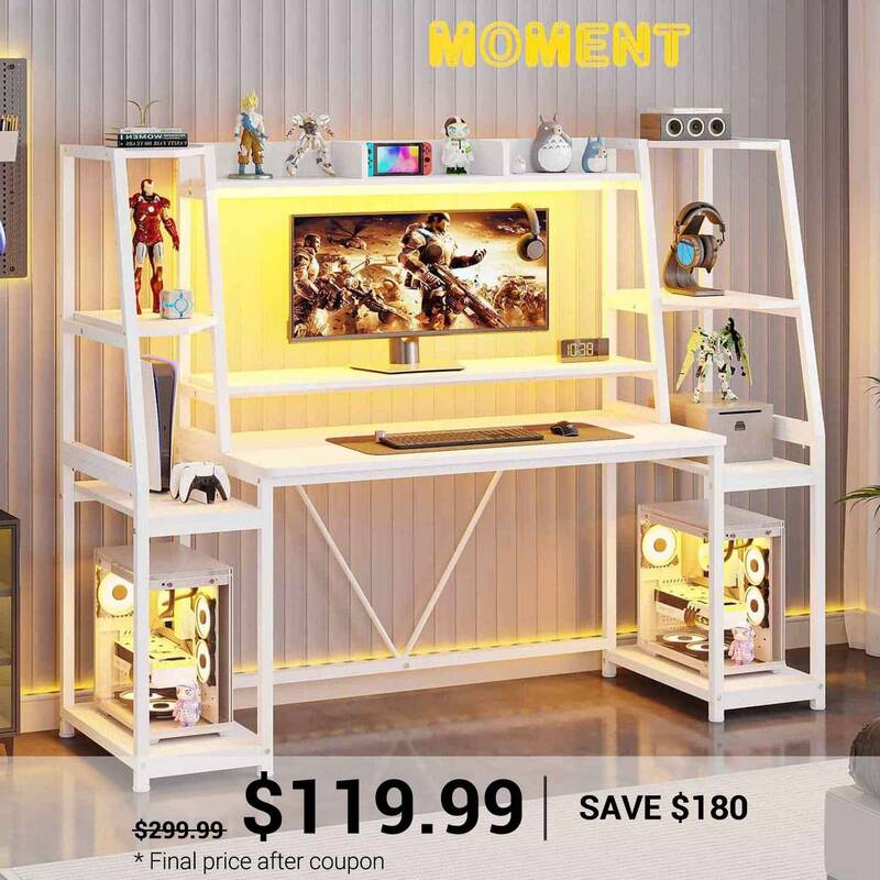 SEDETA ® 65.7 Inch LED Ergonomic Gaming Desk Computer Table Workstation with Storage Shelves White Home Office Furniture