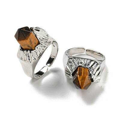 Hexagonal Prism Natural Tiger Eye Open Cuff Rings