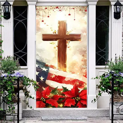 Usa Flag Red Poinsettia Cross Christmas Door Cover - Aperturee