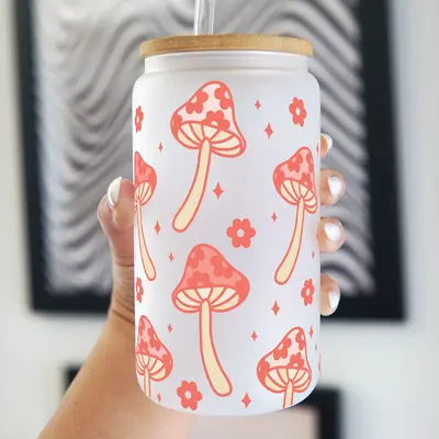 Retro Floral Boho Mushroom 16oz Glass Can with Lid and Straw Iced Coffee Cup, Glass Tumbler, Bamboo Drinkware Aesthetic Mug, ...