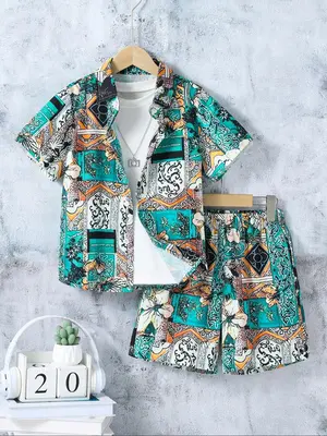 Two-Piece Set Boy's Random Print Short Sleeve Shirt & Shorts Set, Casual Summer Outfits Clothes for Kids, Kids Clothing for D...