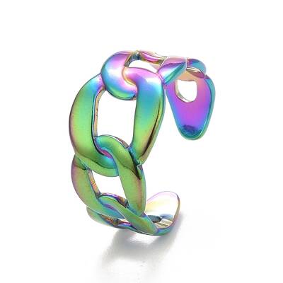 Ion Plating(IP) Rainbow Color 304 Stainless Steel Curb Chain Shape Cuff Ring for Women