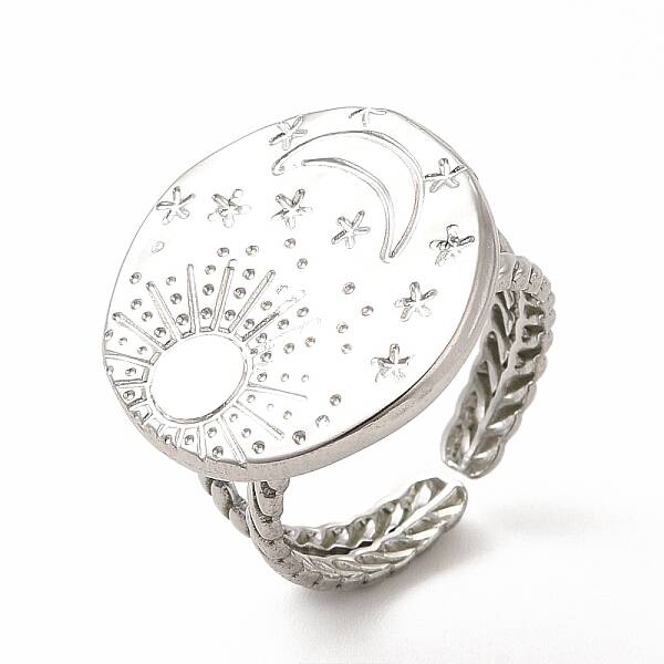 Non-Tarnish 304 Stainless Steel Sun & Moon Planet Open Cuff Ring for Women