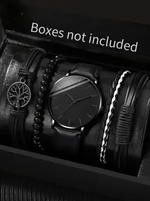 Buckle Round Dial Analog Quartz Watch & Drawstring Beaded Bracelet Without Box, Fashioned Trendy Style Wristwatch Set For Men...
