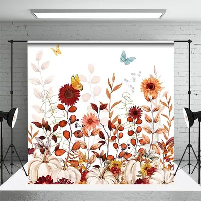 Floral Pumpkins Butterflies Thanksgiving Backdrop