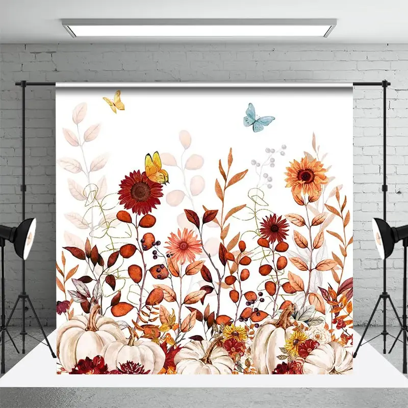Floral Pumpkins Butterflies Thanksgiving Backdrop