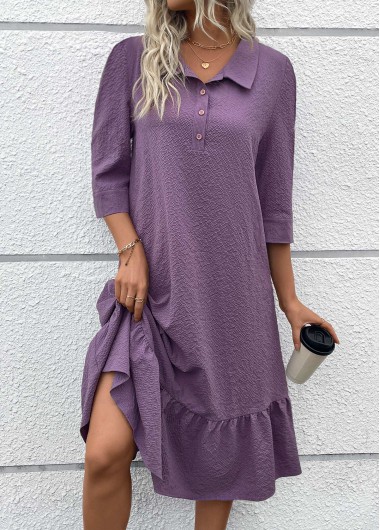 Modlily Dusty Purple Button A Line Belted 3/4 Sleeve Dress - XXL