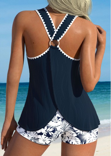 Modlily Tummy Coverage Mid Waisted Floral Print Navy Tankini Set - XL