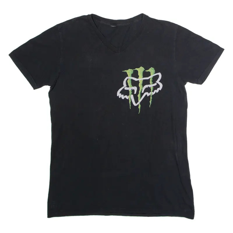 FOX X Monster Energy Mens Biker T-Shirt Black V-Neck M