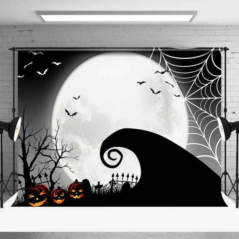 Night Cobweb Moon Bats Shadow Halloween Party Backdrop - Aperturee
