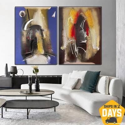 Original Colorful Set Of 2 Oil Painting Blue and Orange Abstract Artwork for Home Decor | NIGHT AND DAY 2P 39.4"x59"...