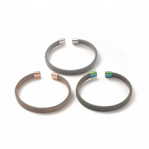 304 Stainless Steel Flat Mesh Chains Shape Open Cuff Bangle for Women