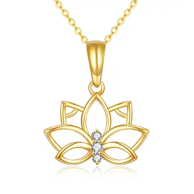 14K Gold Circular Shaped Zircon Lotus Pendant Necklace