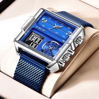 LIGE Men's Square Watch – Multifunctional Dial, 30M Water-Resistant, Luminous