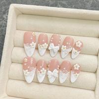 Floral Bow Press-On Nails | Reusable Acrylic Tips with Cream Textures for Bridal & Everyday Wear