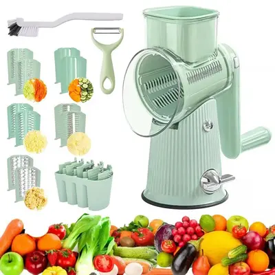 Manual Rotating Cheese Grater, 1 Count 5 in 1 Replaceable Stainless Steel Blade Vegetable Chopper with Blade Storage Box, Mul...