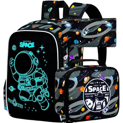 3Pcs Glow in The Dark Space Backpack for Boys, 17 Inches Astronaut School Bookbag Set for Teens, Laptop Backpacks with Lunch ...