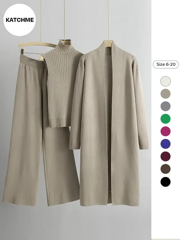 Trendy Knit Turtle Neck Tank & Wide Leg Trousers With Open-Front Long Cardigan Three-Piece Sets