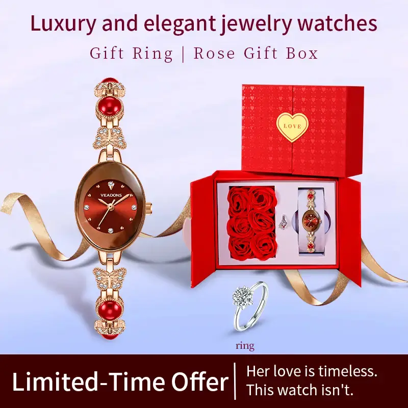 Veadons Ladies' Elegant Watch & Bracelet Set comes with a heart-shaped gift box containing an exquisite necklace, a ring, and...