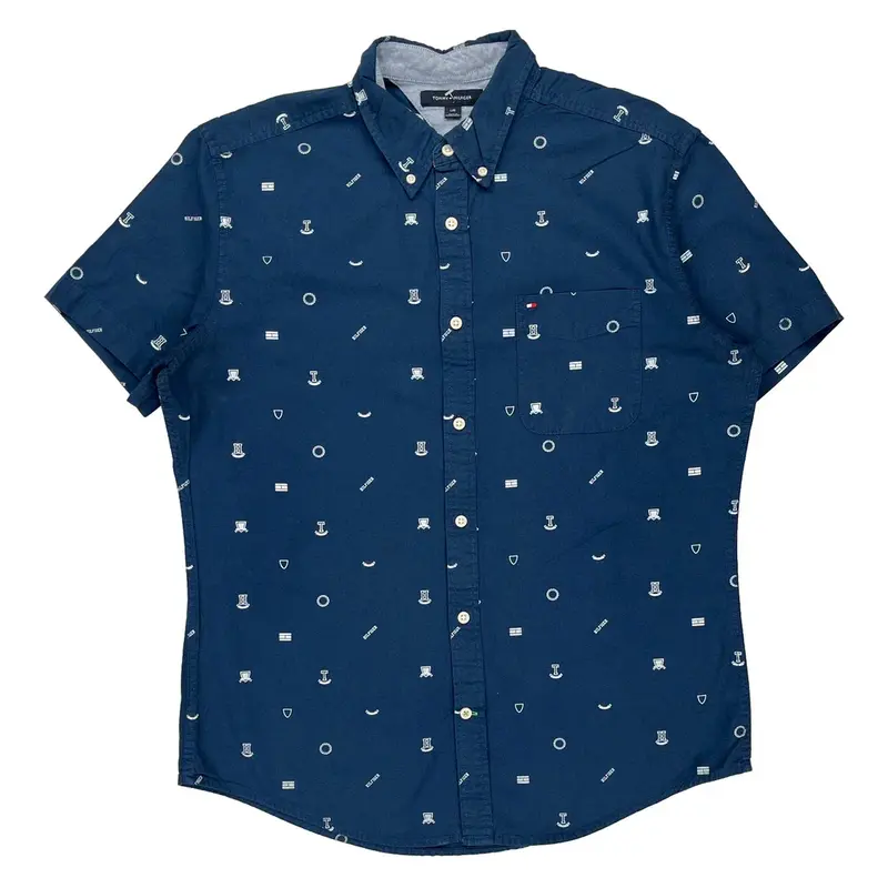 Nautical Tommy Hilfiger Graphic Short Sleeve Shirt - Large Blue Cotton