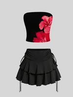 Women's Floral Print Bandeau Bra & Ruffle Trim Skirt Two-piece Set, Sexy Fashion Casual Swimsuit Set for Beach Holiday Vacati...