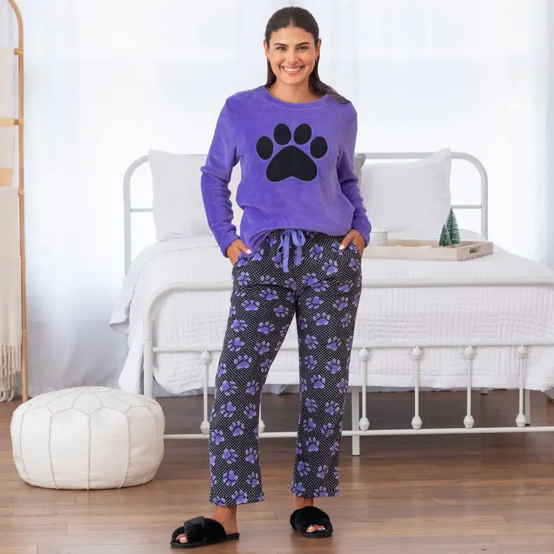 Polka Dot Paw Print Women's Fleece Pajama Set - Teal - 1X