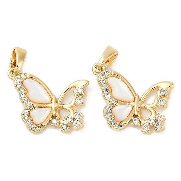 Brass Pave Natural White Shell Butterfly Pendants
