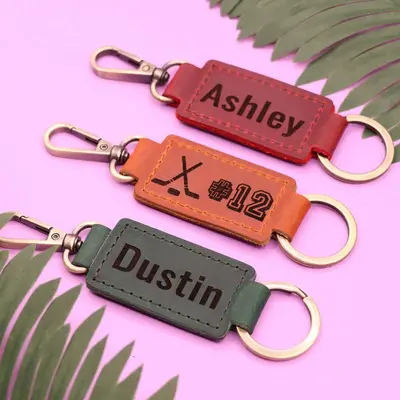 Leather Ice Hockey Keychain with Heavy Duty Ring and Clasp , Real Leather, Same Day Shipping, Free Shipping US