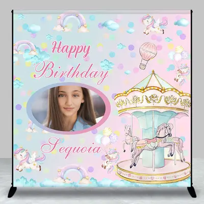 Pink Blue Merry Go Round Custom Birthday Backdrop - Aperturee