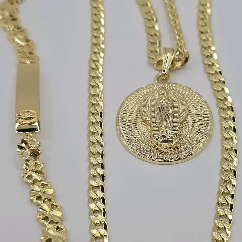 VIRGIN MARY Cuban link necklace  beautiful style GOLD-PLATED with ID BRACELET Cuban style