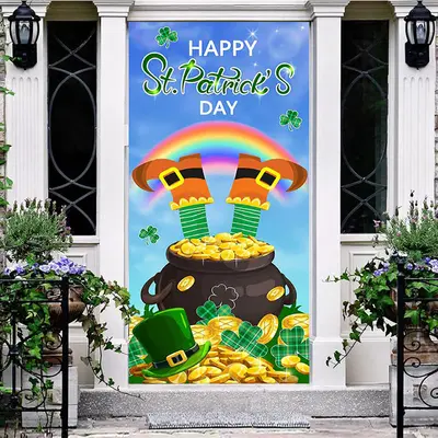 Aperturee Blue Sky Clover Gold Happy St Patricks Day Backdrop | Door Decorating Ideas | Door Decoration Ideas For Home | Hous...