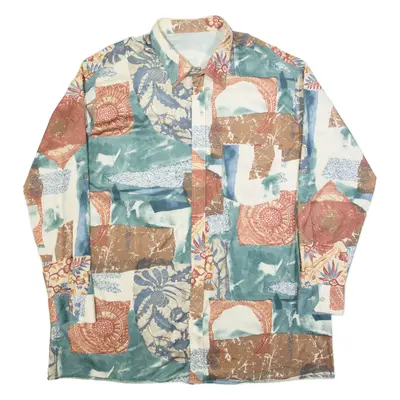 Zip Up Mens Shirt Green Crazy Pattern Long Sleeve XL